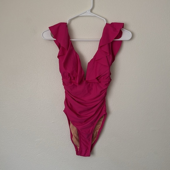 J. Crew Ruched ruffle one-piece swimsuit in Radiant Fuchsia - Picture 3 of 9